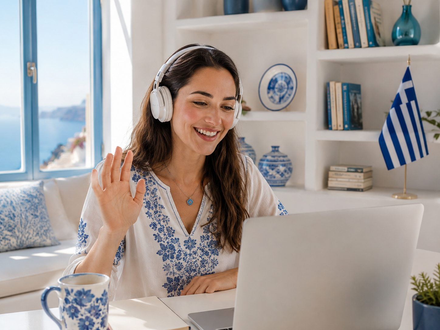 Woman speaking during an online Greek lesson